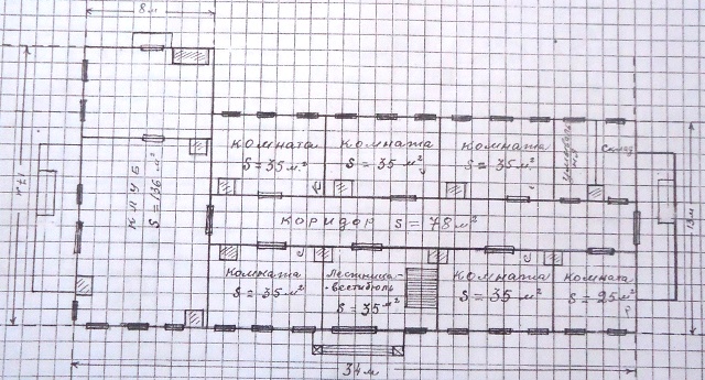 Схематический план Араданской семилетней школы (1937-1958) 1 этаж (жилые комнаты, клуб и интернат).